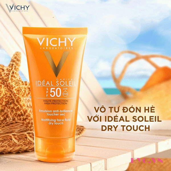 Làm đẹp da buổi sáng bằng kem chống nắng không gây nhờn rít Vichy Capital Soleil Dry Touch SPF 50 chống tia UVA + UVB