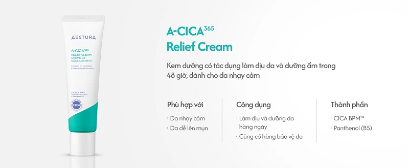 Kem dưỡng rau má B5 AESTURA A-CICA365 Relief Cream 60ml